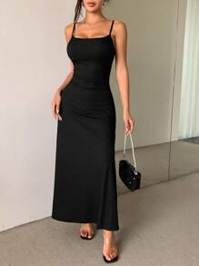 DAZY Einfarbiges langes, schlank geschnittenes Trägerkleid mit Gürtel für Damen als Sommerkleid - Schwarz - Übersicht 4