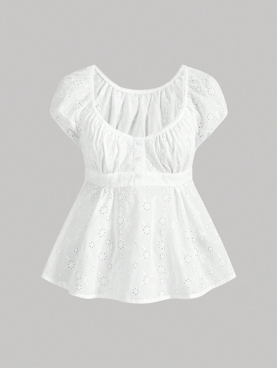 SHEIN MOD Plus Size White Embroidered Swing Babydoll Shirt - White - View 1