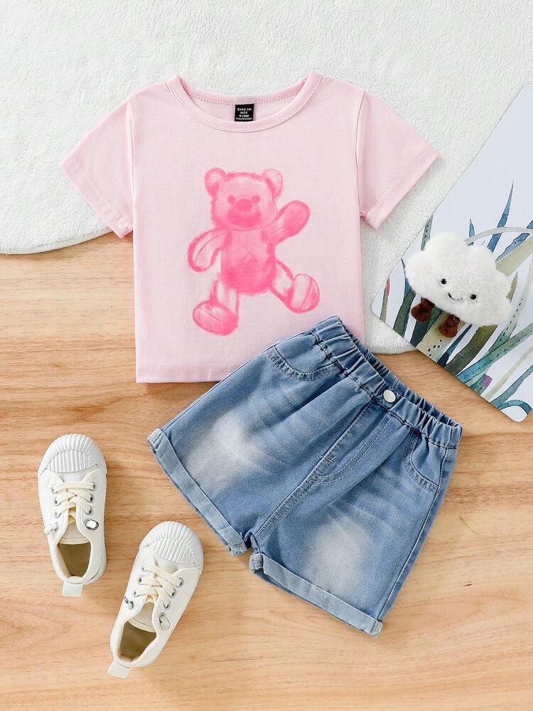 Baby Girl Casual Loose Fit Bear Print T-Shirt And Denim Shorts Set