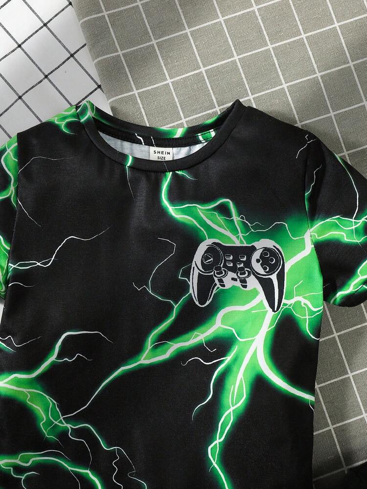 Young Boy 4pcs/Set Casual Video Game Pattern Short Sleeve Top And Shorts With Lightning Game Controller Pattern Short Sleeve Shirt And Shorts