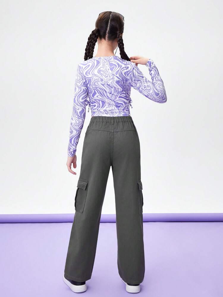 Teen Girl Street Casual Comfortable Crop Top And Long Sleeve Shirt With Loose Pocket Cargo Pants 2-Piece Set