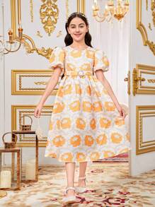 SHEIN Tween Girl's Loose Fit Casual Round Neck Bubble Sleeve Dress - Gold - View 5