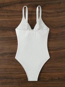 SHEIN Swim 纯色扭曲纹理连体泳衣，适合夏季海滩度假 - 白色 - 查看 4