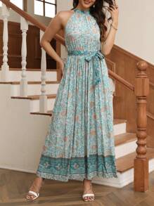 Breezaya Giường đôi In Mô hình hoa Eo Thắt lưng Halter Neck Đầm - Nhiều màu - Xem 5