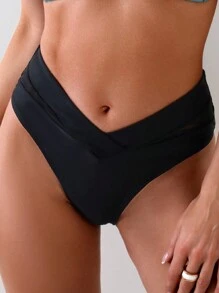 SHEIN Swim Solid Color V-Waist Triangle Bikini Bottom,Summer Beach - Black - View 4