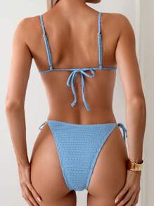 SHEIN Swim Women's Solid Color Front Tie Two-Piece Bikini Set Summer Beach - Blue - View 2