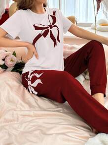 女士蝴蝶结印花圆领短袖白色 T 恤和裤子睡衣套装 - 白色 - 查看 5
