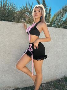 Sweetina 低腰交叉綁帶拼接蕾絲裙子,帶荷葉邊 - 黑色 - 查看 5