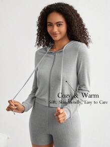 Ocili Ocili Leisure Ladies Solid Color Drawstring Hooded Top For Home Wear