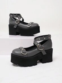 新春夏季經典高端灰色時尚珍鞋,配有心形扣和交叉帶 - 灰色 - 查看 6