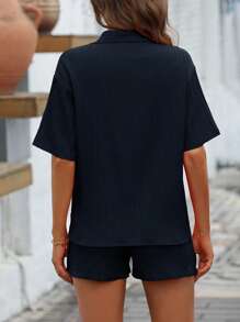 Conjunto De 2 Piezas Suelto Casual De Color Sólido Para Mujeres - Azul Marino - Ver 2