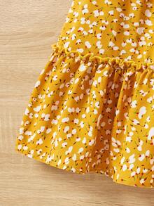 SHEIN Ensemble décontracté de deux pièces pour adolescente, composé d'un Top à manches courtes avec imprimé floral tressé et nœud, et d'une jupe pour les vacances - Jaune citron - Voir 4