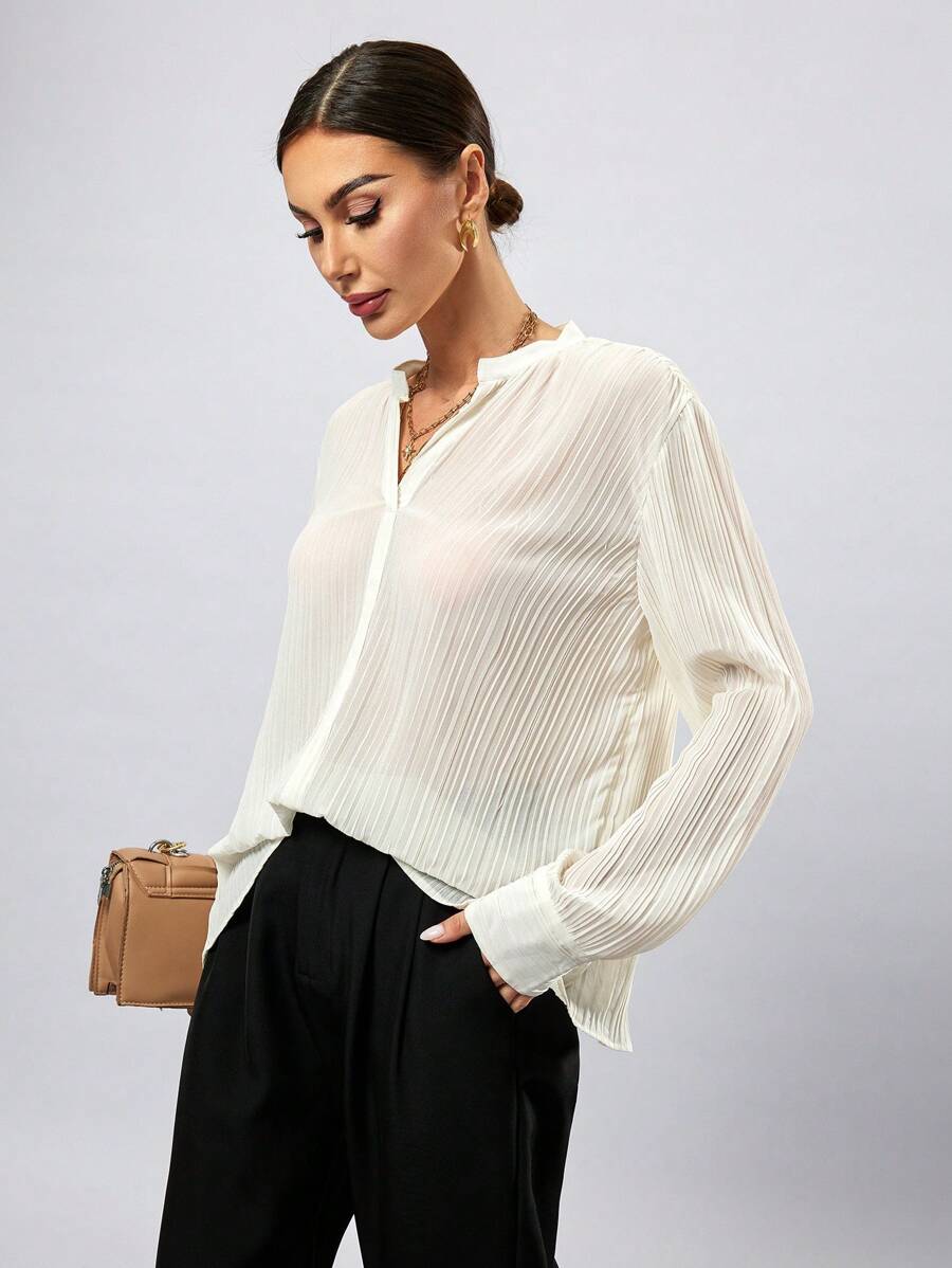Aveloria Chiffon Crushed Notch Collar Casual Shirt Fall Cloth For Women