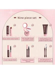 9件套女士圣诞彩妆套装，包含口红、粉饼、BB霜、眉笔、睫毛膏和眼线笔等全套面部彩妆产品，防水持久，圣诞礼物套装，适合女士和女孩。 - 彩色 - 查看 5