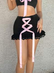 Sweetina 低腰交叉綁帶拼接蕾絲裙子,帶荷葉邊 - 黑色 - 查看 4