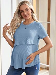 SHEIN 孕婦哺乳全色條紋短袖上衣 - 藍色 - 查看 5