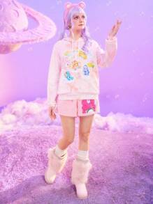 ROMWE X Care Bears Dreamy Sky Cloud Teddy Pink Tie Dye 100% Cotton Hoodie, Comfortable Sweatshirt - Multicolor - View 4