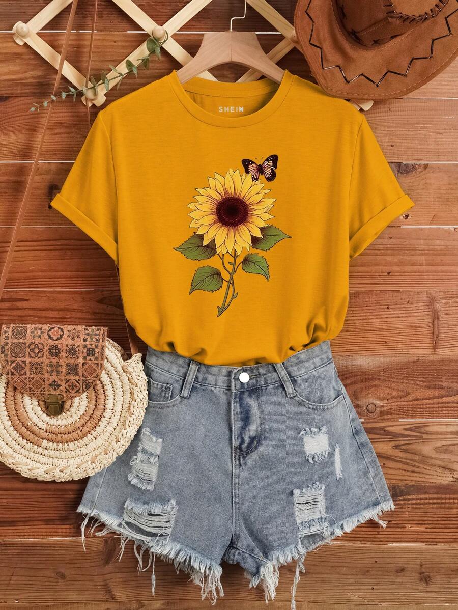 INAWLY Sunflower Printed Round Neck Short Sleeve T-Shirt Graphic Tees Women Tops - Mustard Yellow - View 1
