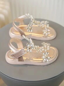 Sandálias Fashion De Menina Com Decoração De Strass, Solado Macio E Antiderrapante, Sapatos De Praia De Verão Para Crianças