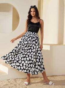 GENKIRA Heart Pattern Printed Elastic Waist Loose Skirt - Black - View 1