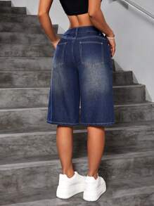 SHEIN ICON Loose Fit Straight Leg Washed Denim Shorts - Dark Wash - View 2