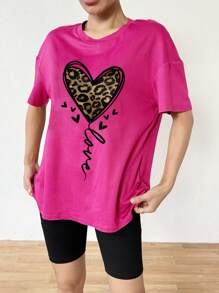 Zolique Áo thun hở vai đơn giản in hình trái tim báo đốm cỡ lớn đơn giản cho nữ - Màu Hồng Tươi - Xem 5