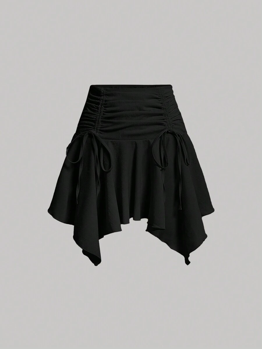SHEIN MOD 單色不對稱下擺裙,帶束口細節 - 黑色 - 查看 1