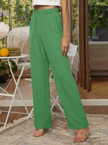 SHEIN LUNE Của phụ nữ Màu thuần Eo đàn hồi Quần ống rộng - màu xanh lá - Xem 10