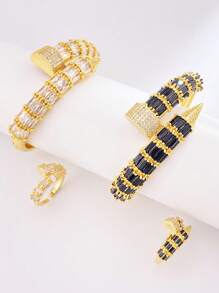2 Unids/set De Joyería De Diseño De Tornillo De Moda, Conjunto De Pulsera Y Anillo De Latón, Decoración De Circonia Cúbica, Regalo De Cumpleaños Dorado Para Mujer - Negro - Ver 9