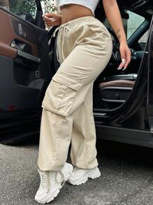 SHEIN SXY Pantalones Vaqueros Para Mujer De Cintura Con Cordón En Color Sólido Con Bolsillos Con Solapa - Caqui - Ver 4