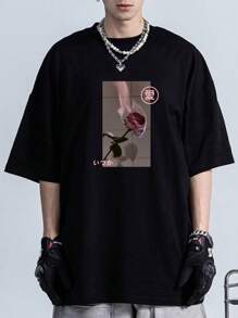 Nam Quá lớn In Hoa hồng Thả vai Áo thun - màu đen - Xem 1