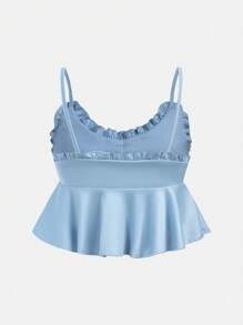 少女簡約休閒可愛荷葉邊背心上衣和短褲套裝 - 淺藍色 - 查看 6