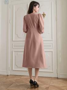 DAZY Women's Solid Color Surplice Neck Lantern Sleeve Dress,Fall Dress - Pink - View 2