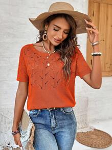 SHEIN LUNE 女款鏤空短插肩袖針織上衣 - 橘色 - 查看 3