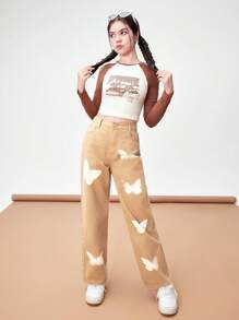 Teen Girls' Butterfly Pattern Casual Straight Leg Jeans - Khaki - View 4