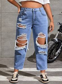 SHEIN EZwear Kích thước lớn Lỏng lẻo Quần jean Tapered Với Chi tiết đau khổ Và Đường chéo Túi - Rửa trung bình - Xem 6