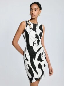 Maija Women's Sleeveless Round Neck Printed Dress - Black and White - View 5
