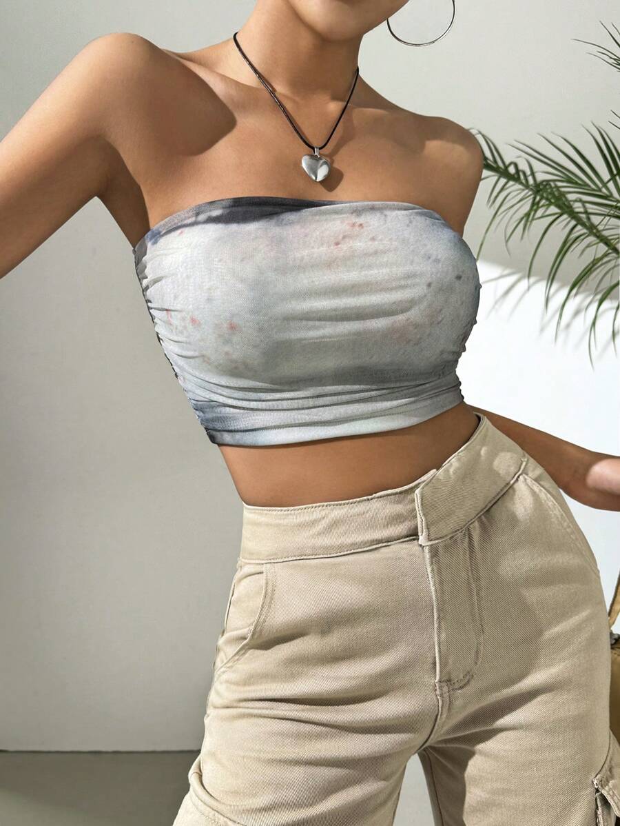 SHEIN EZwear Tie-Dye Printed Mesh Strapless Top For Women - Multicolor - View 1