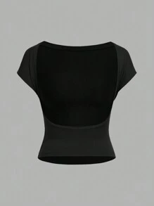 SHEIN EZwear Set de 3 camisetas ajustadas de mujer de manga corta, cuello redondo, sin espalda, en colores negro, blanco y gris, de estilo minimalista y casual, adecuadas para el verano
