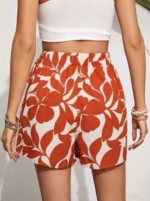 SHEIN VCAY 女士裹前植物印花系腰短褶裙短褲 - 橘色 - 查看 2