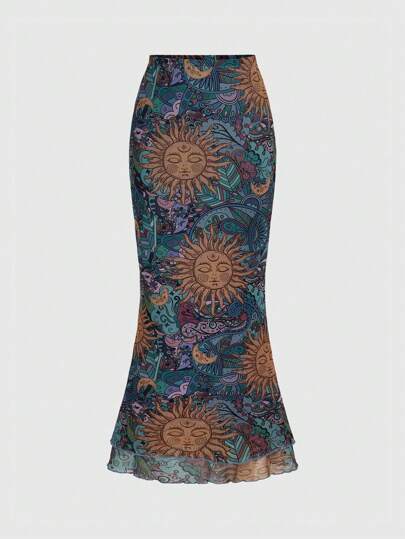 Hippie Women's Sunflower Printed Mermaid Hem Skirt