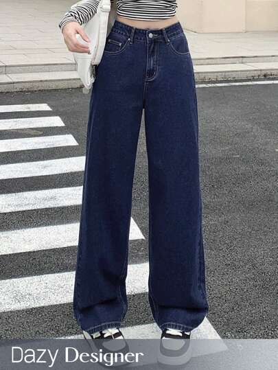 Dazy Designer Women's High-Waisted Solid Color Wide-Leg Jeans With Slanted Pockets