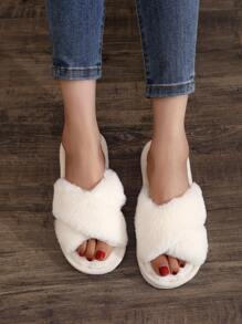 Fall/Winter Fluffy Women's Indoor Slippers, Cross Band Fur Slides, Silent Outsole