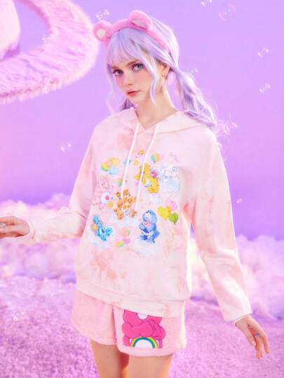 ROMWE X Care Bears sweat-shirt à capuche en coton 100% rose tie-dye Teddy nuage de ciel rêveur, pull confortable