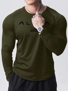 Manfinity Sport Corelite 男友风男士长袖运动T恤，带字母和旗帜印花，长袖衬衫，健身上衣，透气 - 軍綠色 - 查看 3