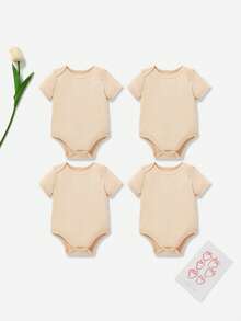 嬰兒男童簡約休閒四件套連體衣，杏色短袖圓領設計，適用於夏季 - 杏色 - 查看 1