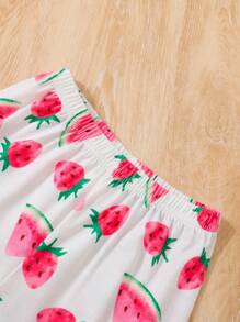 SHEIN Conjunto de 2 piezas de moda hogareña para niña joven con top de tanque retardante de llamas con diseño de sandía y shorts - Rosa - Ver 5