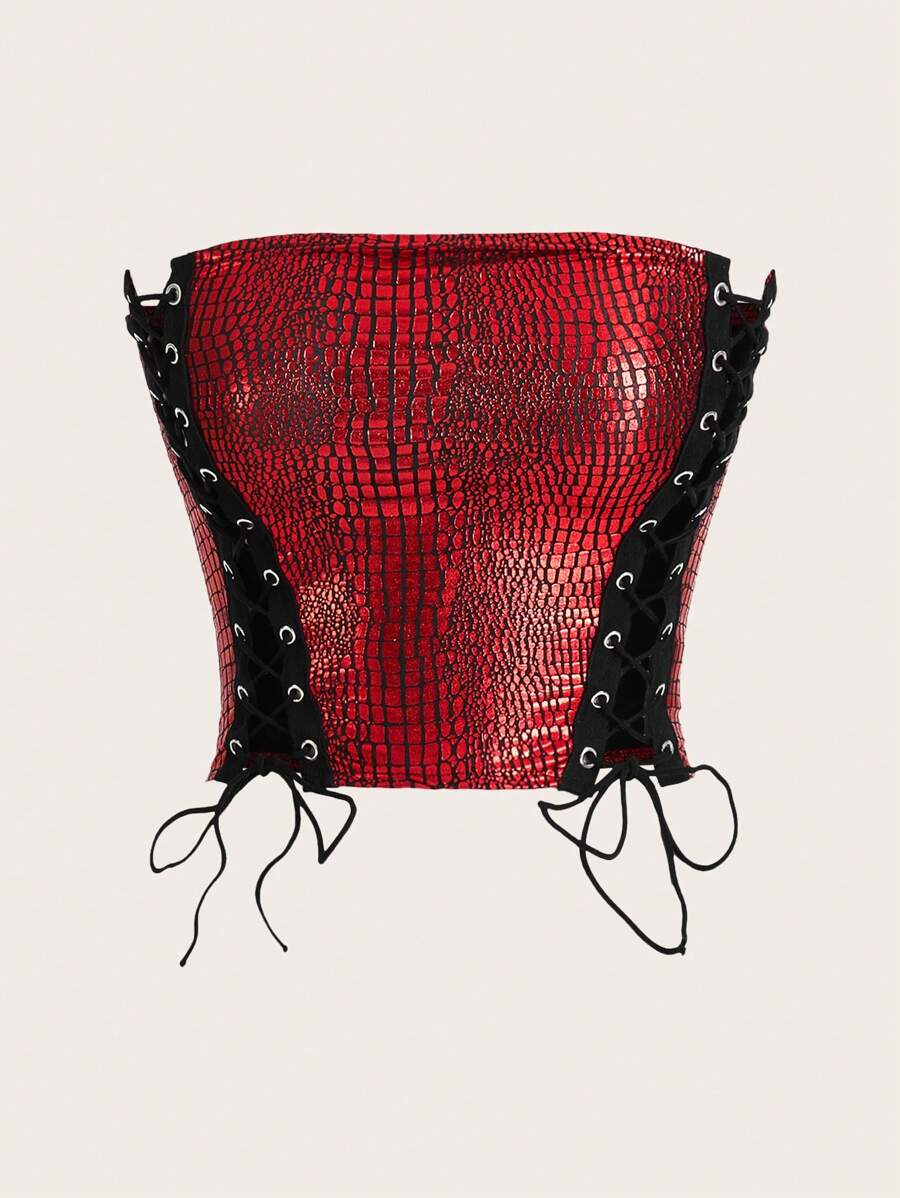 SHEIN ICON Áo Bustier hở vai lưới PU Y2K mùa hè dành cho trang phục dự tiệc và lễ hội âm nhạc - Đỏ - Xem 1