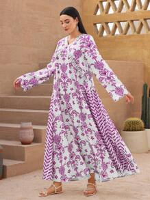 Al Najma Robe arabe à manches longues avec imprimé floral pour femmes