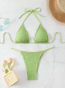 SHEIN Swim Conjunto de bikini con textura de unicolor para dama, playa de verano - Verde Lima - Ver 6